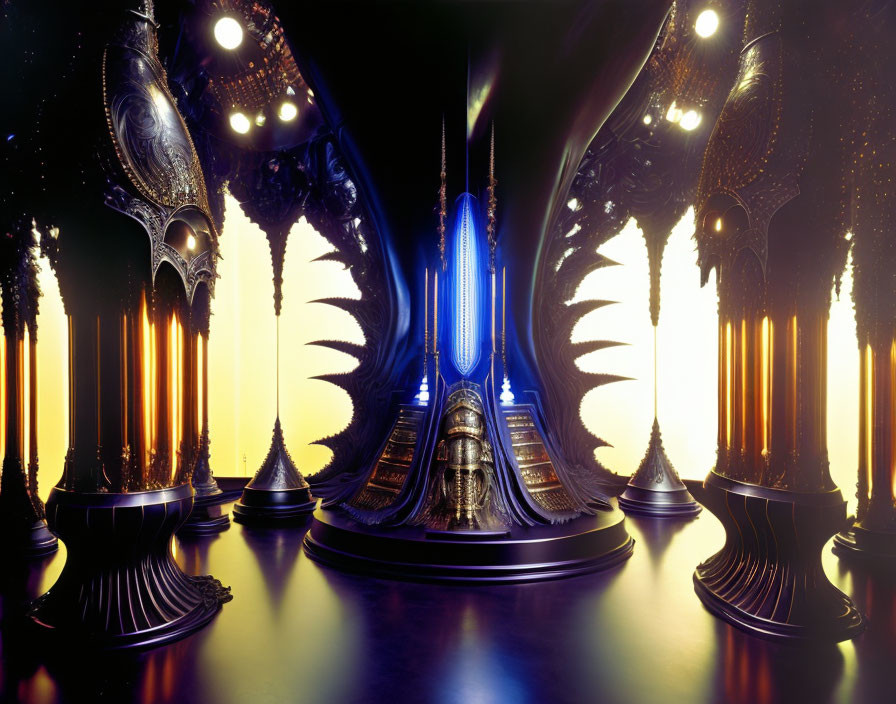 Elaborate black and gold pillars in a futuristic hall