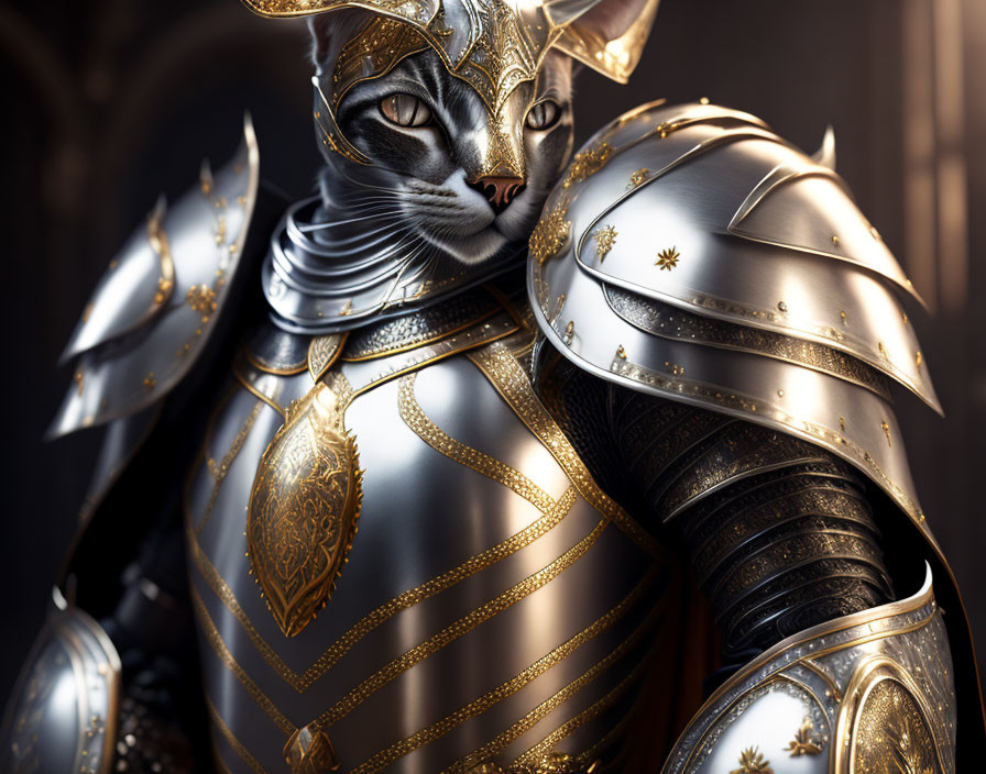 Realistic fur cat in medieval armor with gold patterns on blurred background