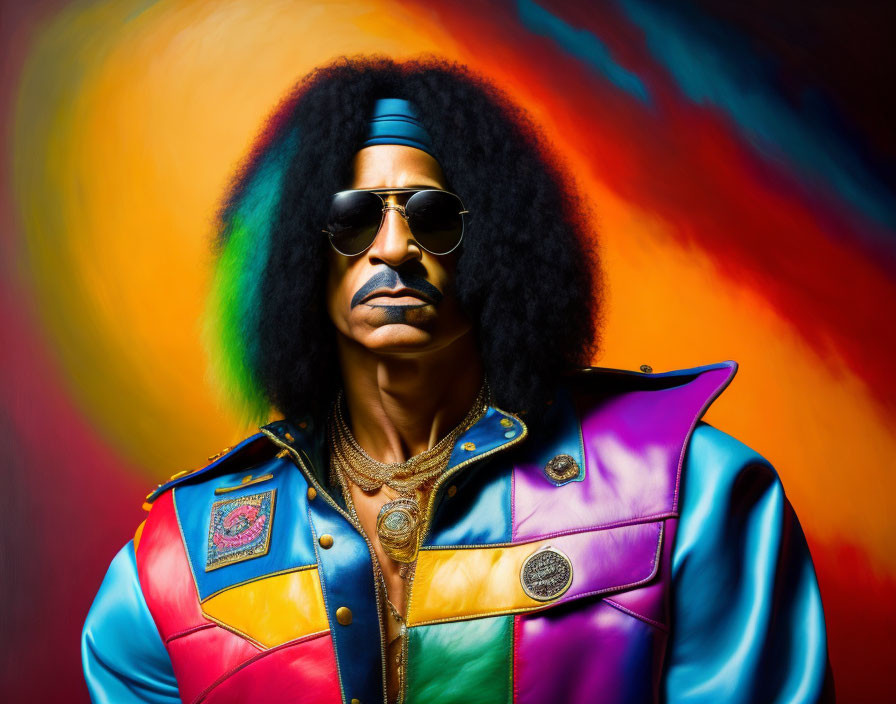 Man with Afro in Colorful Leather Jacket and Sunglasses on Vibrant Background