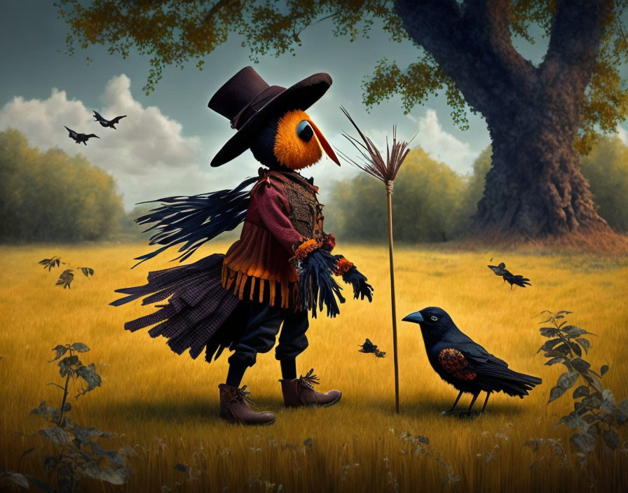 Anthropomorphic bird scarecrow with crow and broom in field under tree