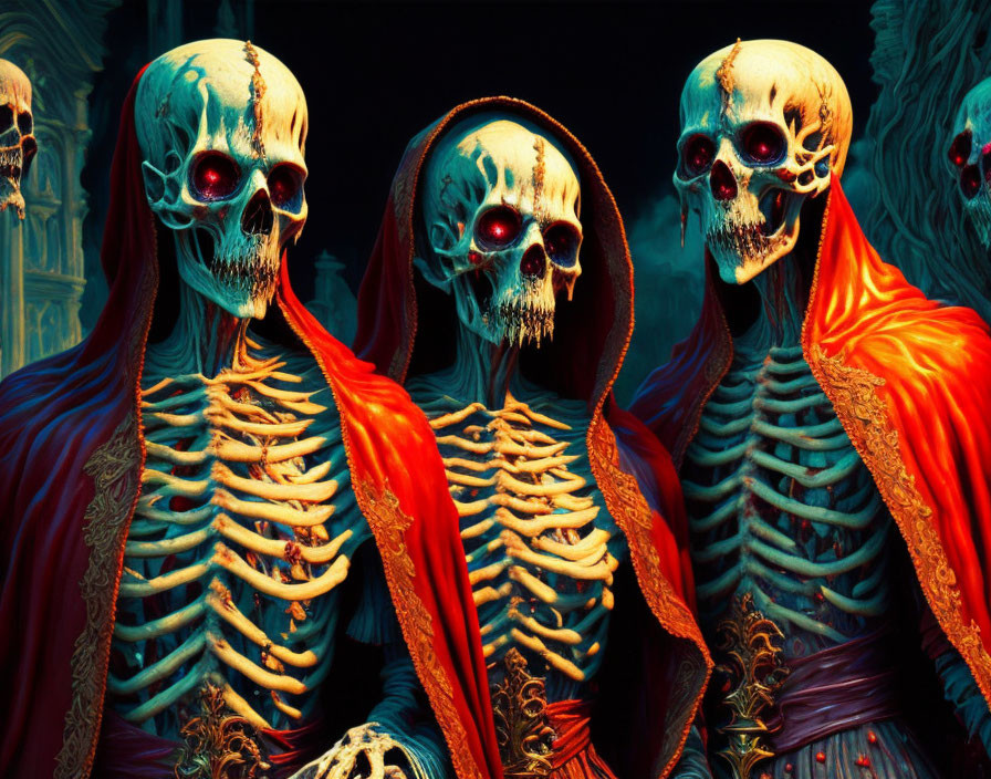 Three skeletal figures in red cloaks with glowing eyes on dark background