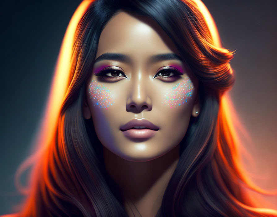 Colorful digital artwork: Woman with flowing hair and expressive eyes