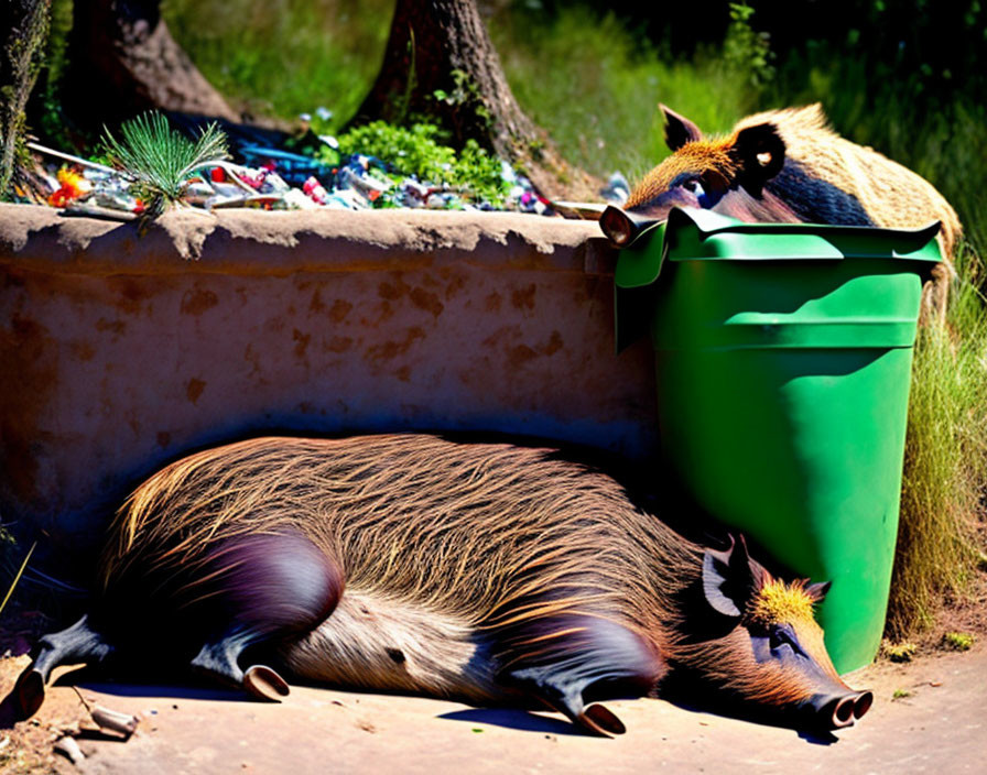 Brown and Black Striped Pig-Like Animals Near Green Trash Bin