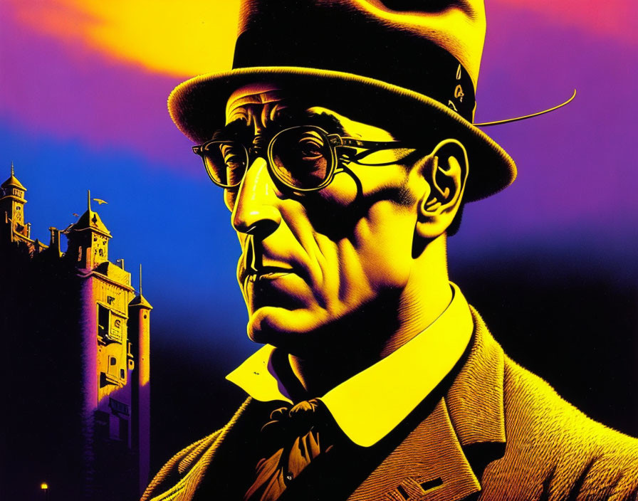 Colorful graphic art: man in fedora and glasses with castle silhouette in vibrant yellow, purple,
