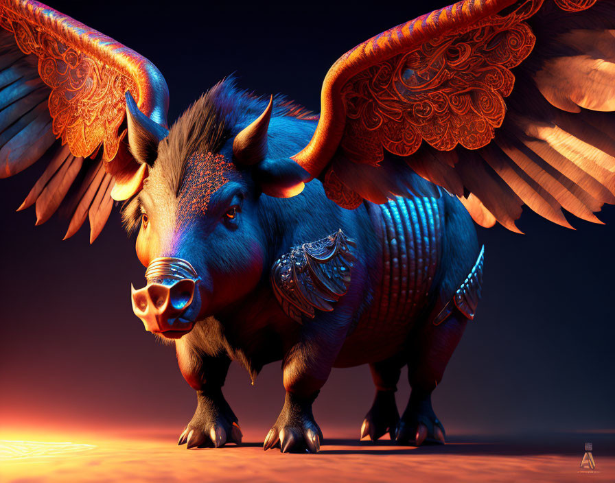 Majestic boar-bodied creature with fiery wings and ornate details