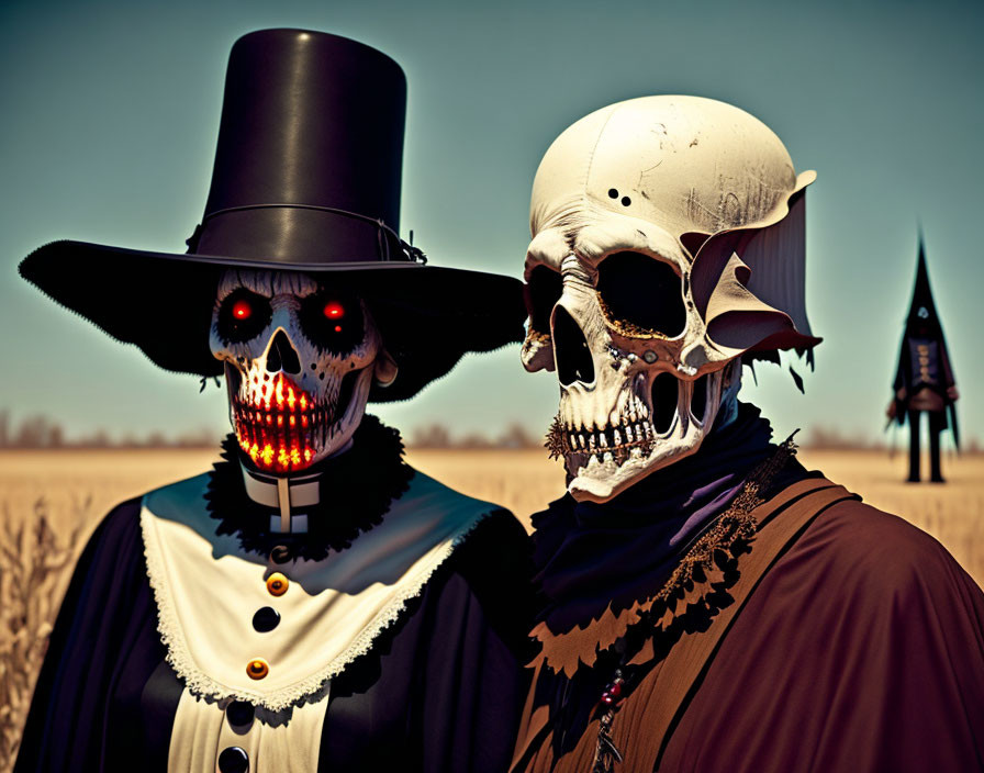 Two individuals in skull masks and vintage attire pose in front of a rural background.