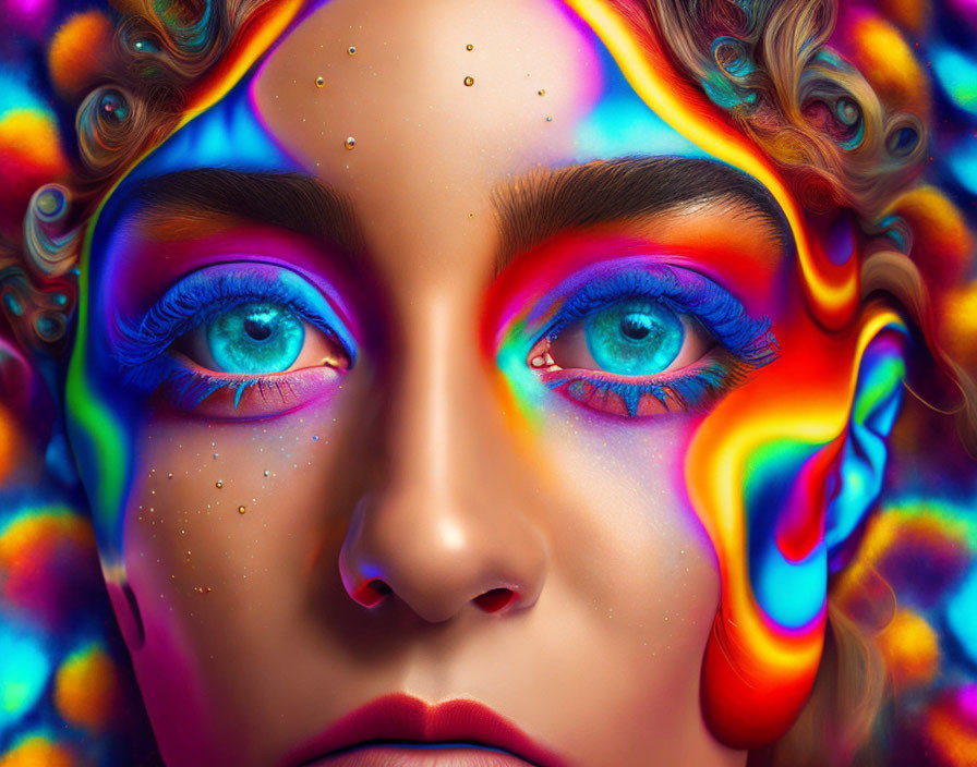 Vibrant portrait featuring person with blue eyes and swirling patterns