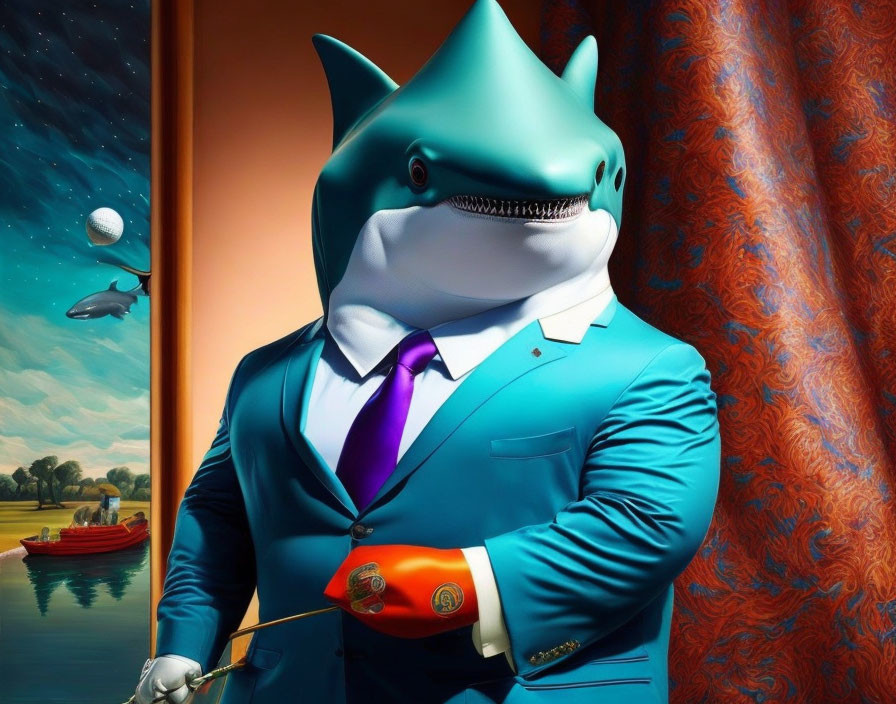 Anthropomorphic shark in blue suit with boxing belt by surreal landscape