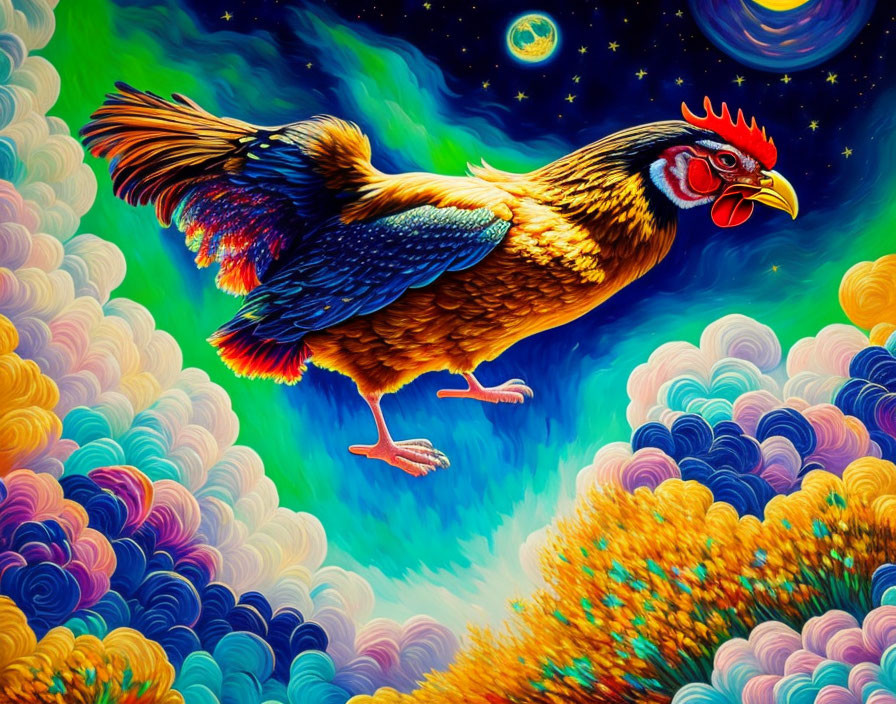 Colorful Rooster Artwork with Night Sky and Crescent Moon