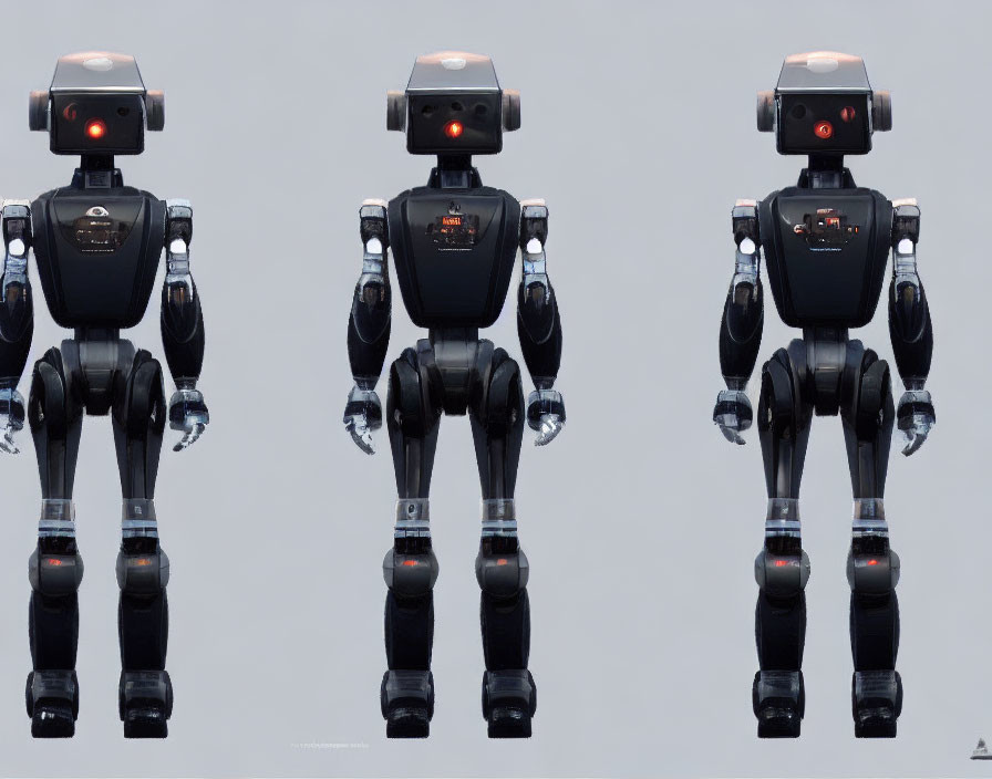 Four humanoid robots with black and silver bodies and red digital eyes on gray background
