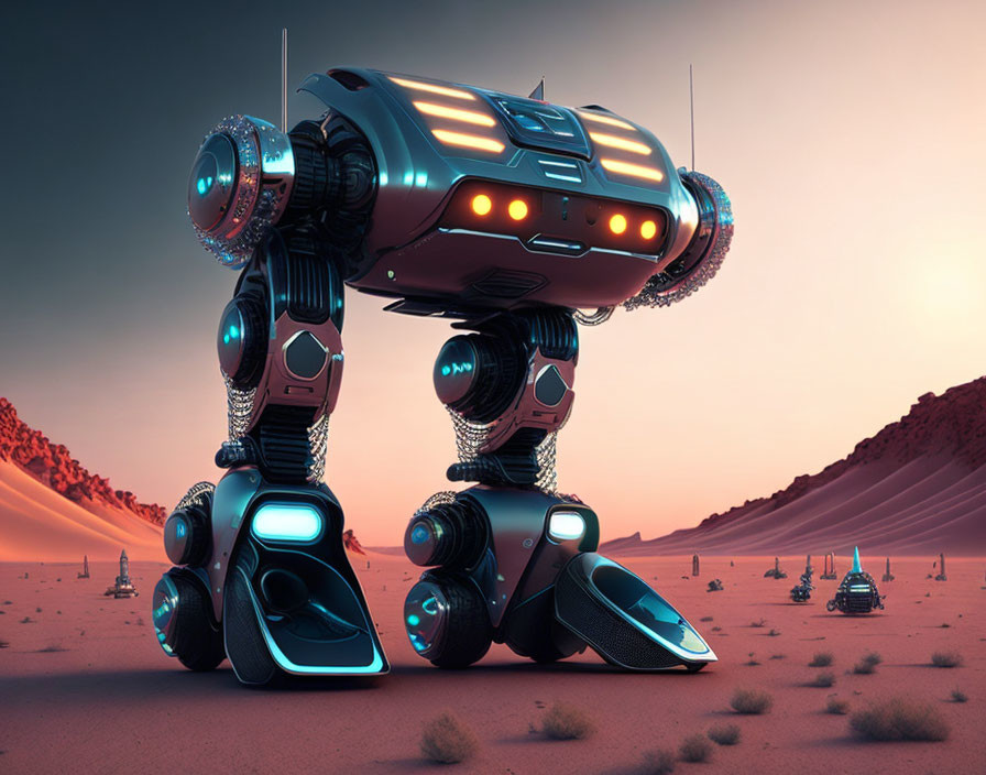 Sleek futuristic robot on Mars-like landscape with dunes and smaller robots