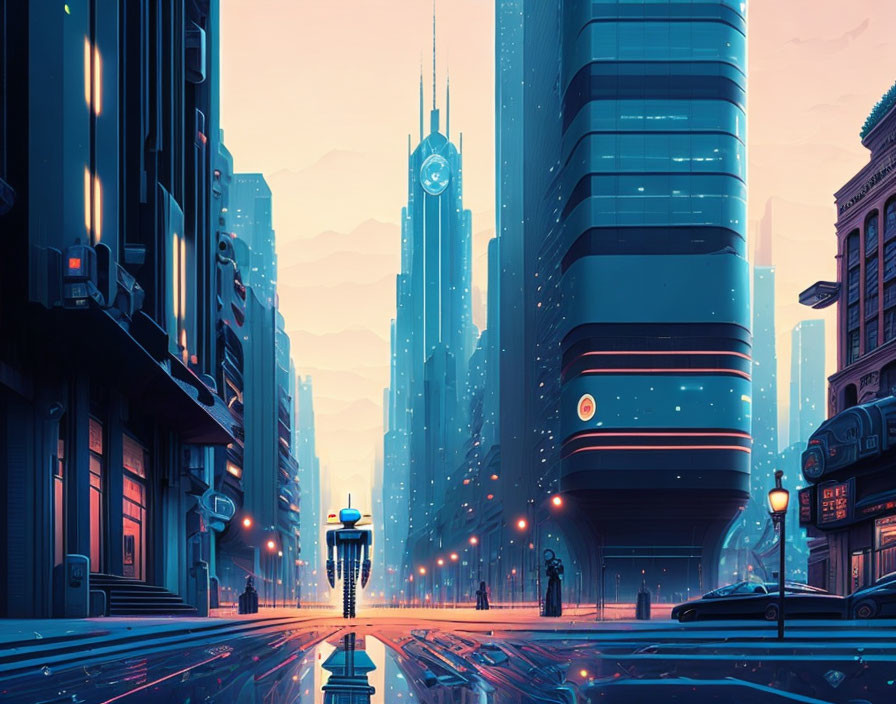 Futuristic cityscape twilight scene with neon lights & skyscrapers