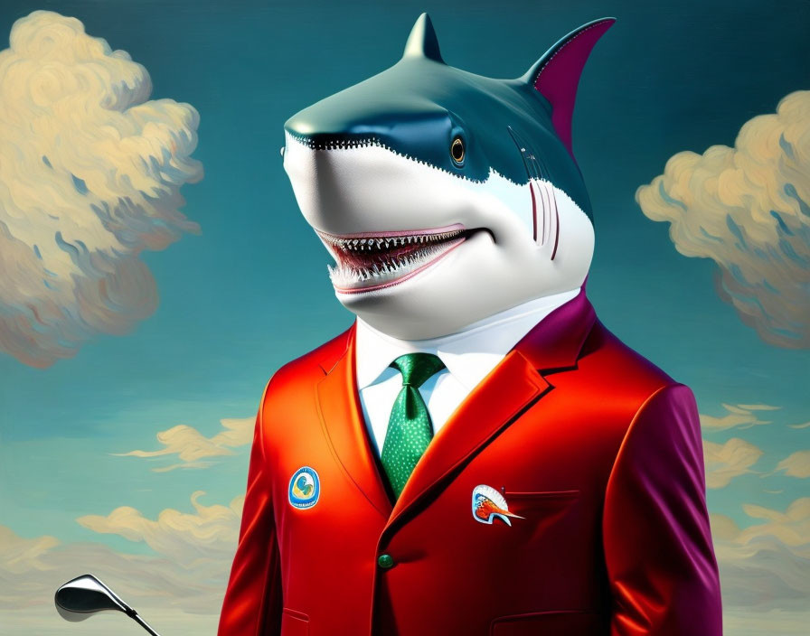 Whimsical anthropomorphic shark in red suit and green tie on cloudy sky background