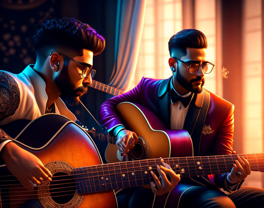 Stylish men playing acoustic guitars in formal attire