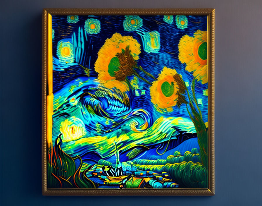 Night sky and sunflowers painting in decorative frame on dark wall