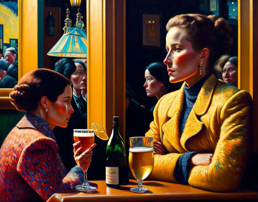 Realistic painting of two women at bar with drinks