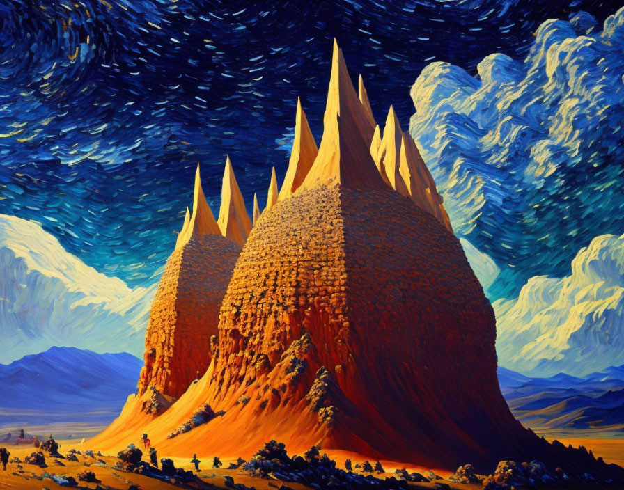 Surreal landscape painting with towering mountains and blue sky