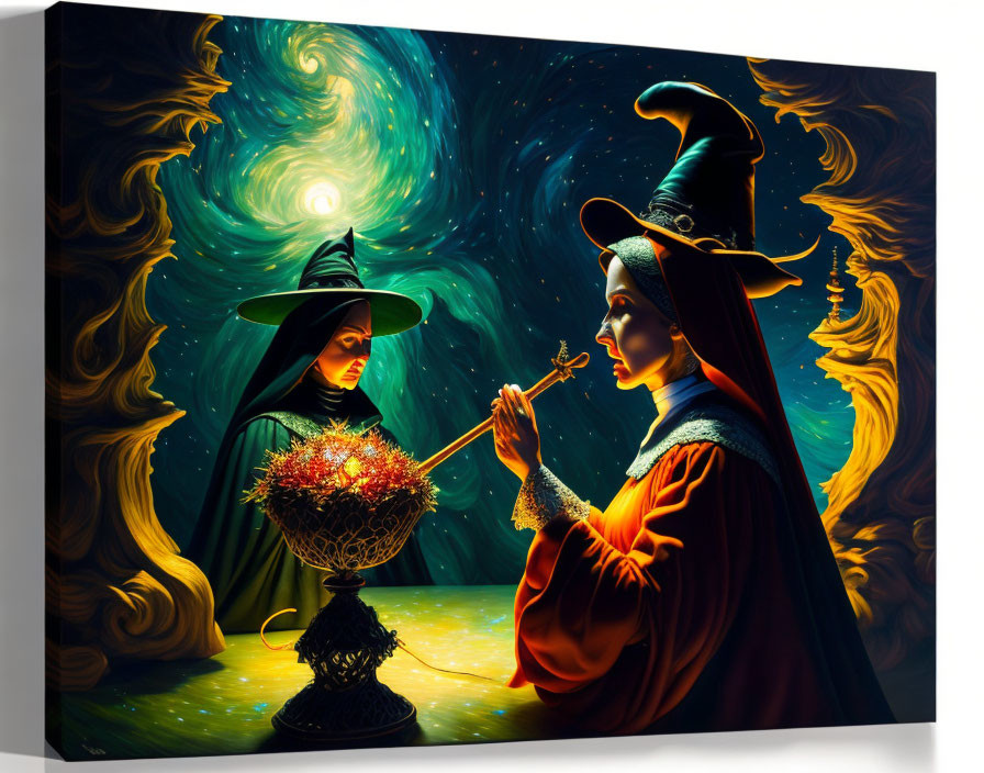 Artistic painting of two witches in mystical exchange with wand and orb under starry sky
