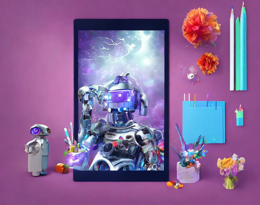 Digital tablet displaying space art with robot, art supplies, flowers, and candies on purple background