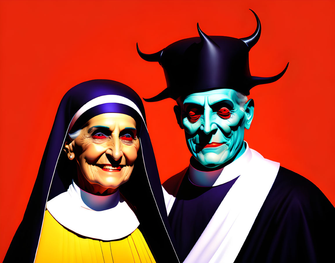 Smiling nun and blue-skinned character in spiked collar on red background