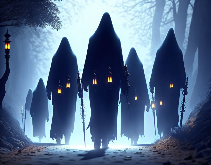 Cloaked Figures with Lanterns in Misty Forest at Dusk