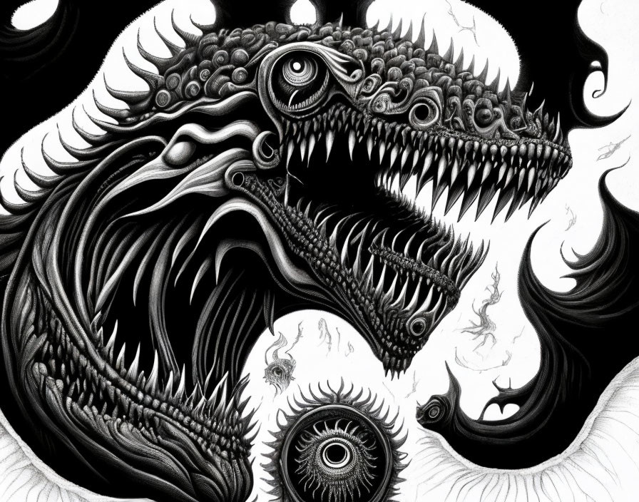 Monochrome surrealistic drawing of layered monstrous faces with multiple eyes and sharp teeth
