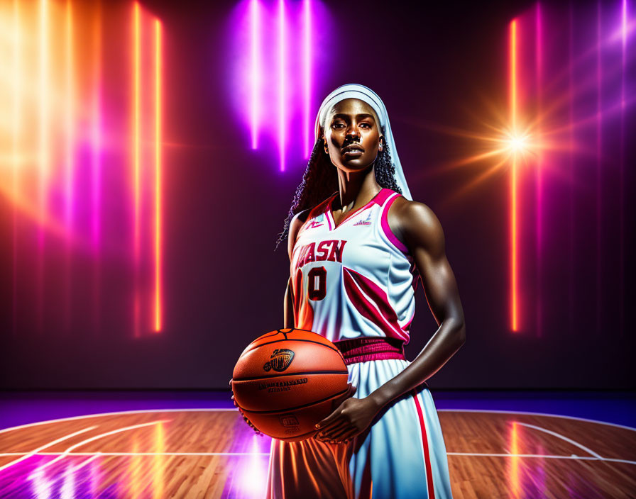 Colorful Uniform Basketball Player on Court with Dynamic Light Streaks