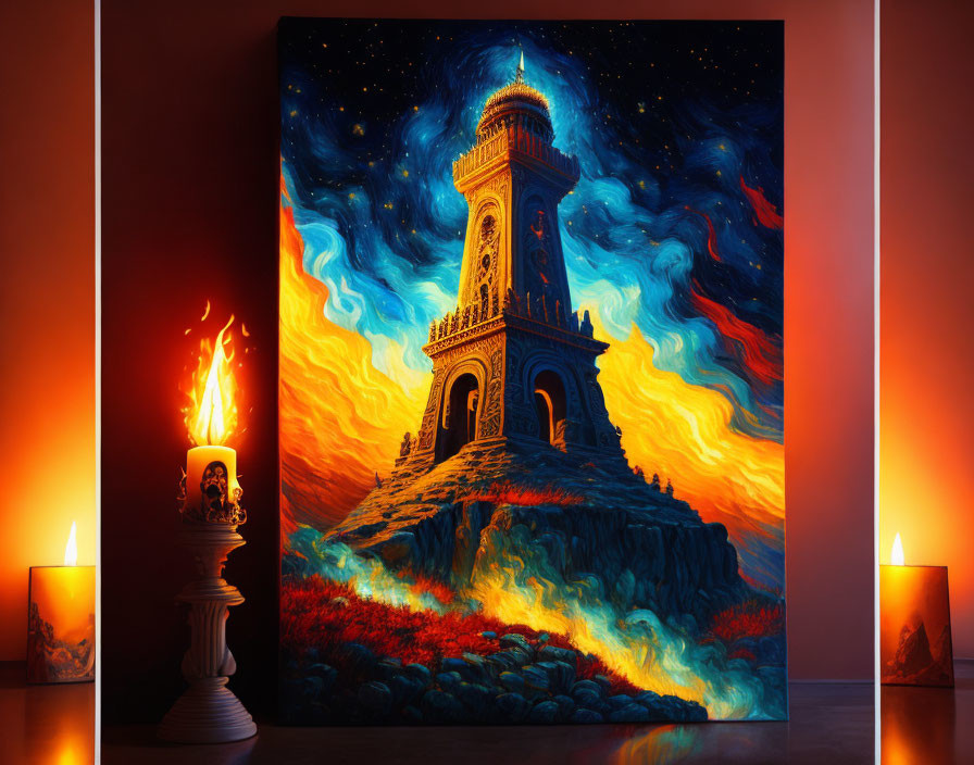 Fantastical tower engulfed in flames under starry sky and lit candles