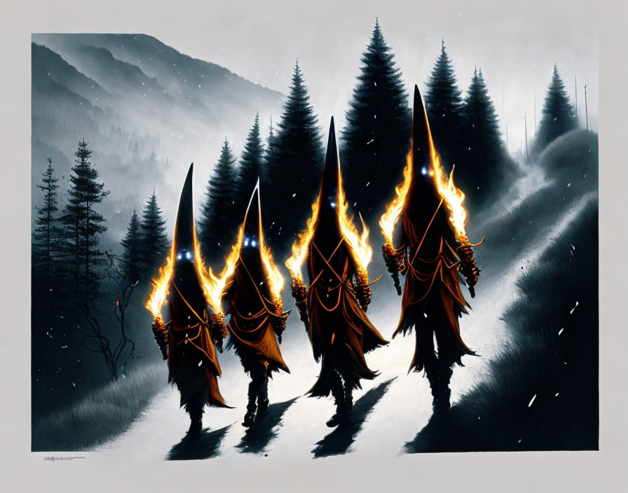 Cloaked Figures with Flaming Swords in Snowy Forest