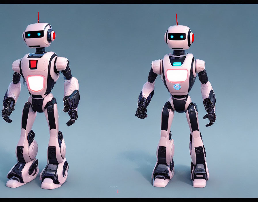 White and pink armored humanoid robots with red head lights on blue background