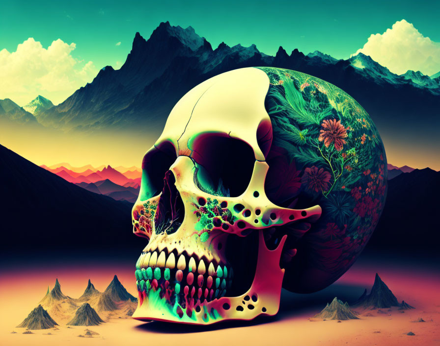 Colorful Skull in Surreal Landscape with Vibrant Mountains