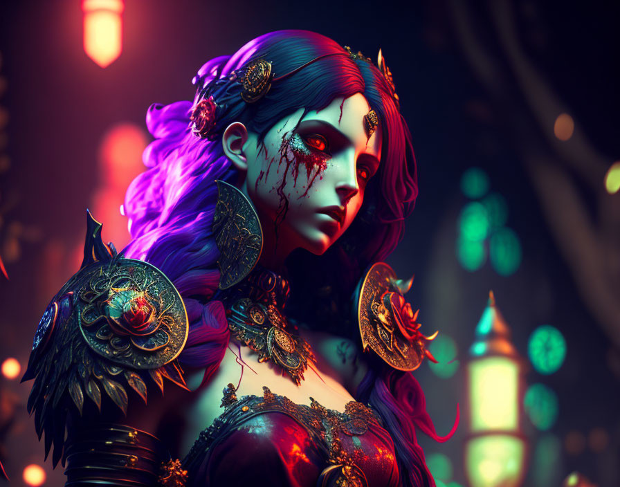 Stylized female figure with purple hair, ornate armor, red face paint, and bokeh