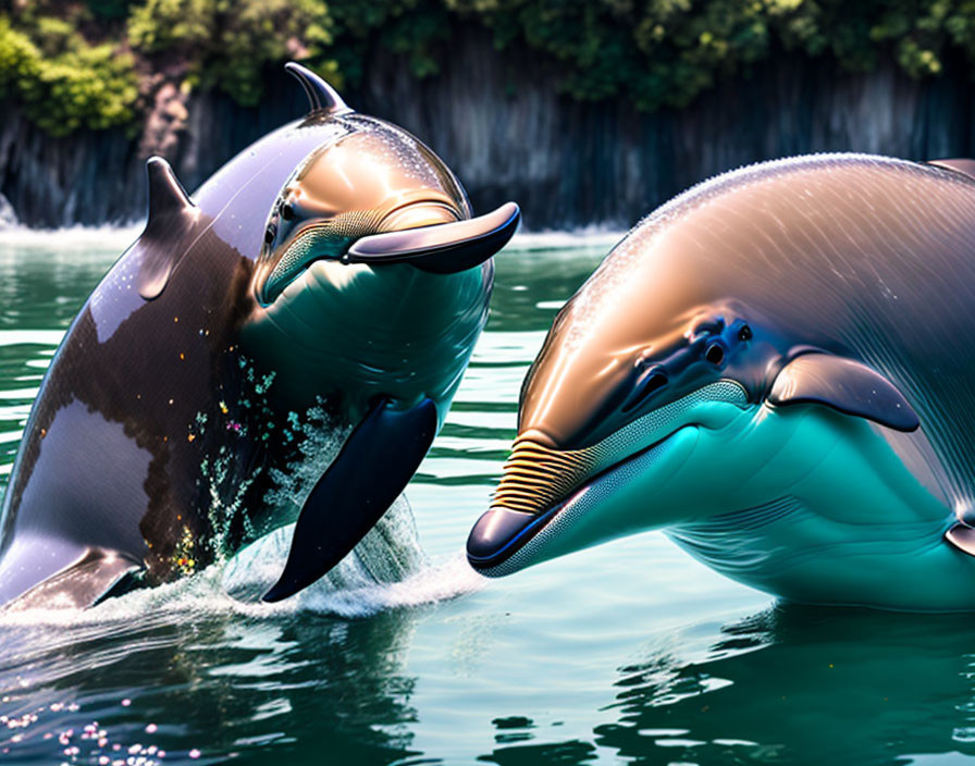 Playful dolphins interacting above water with trees and water backdrop.