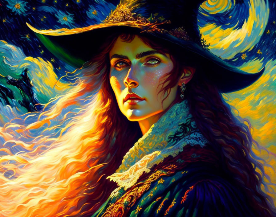 Woman with flowing hair and witch's hat in starry sky.