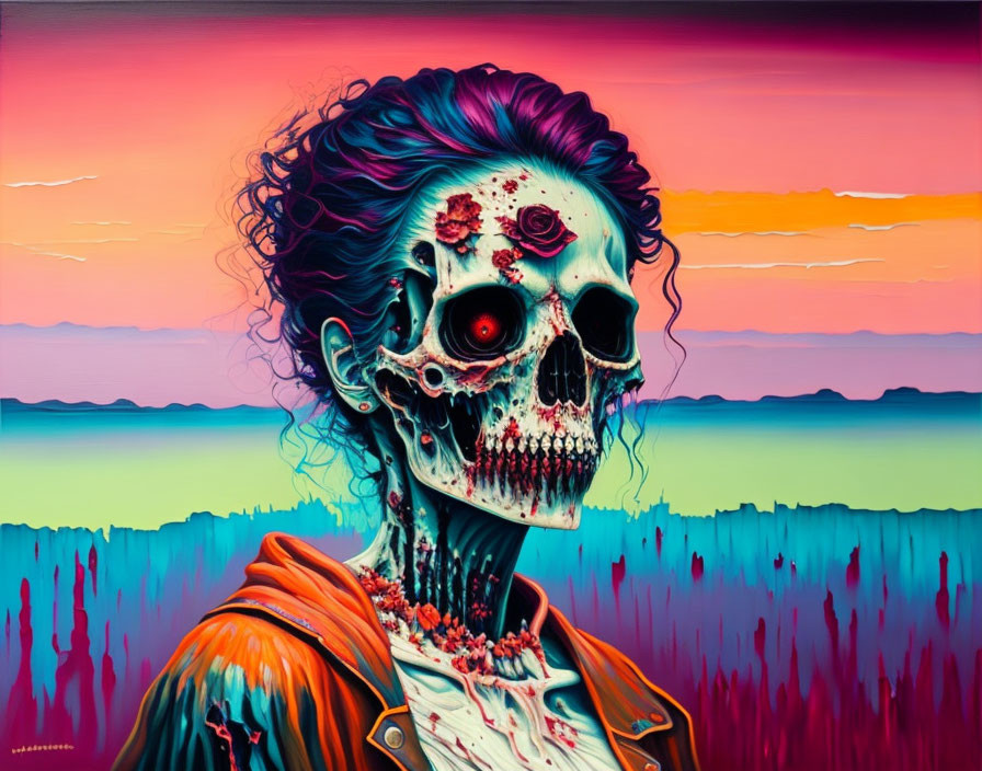Colorful Skeleton with Dia de los Muertos Face Paint in Vibrant Sunset Landscape