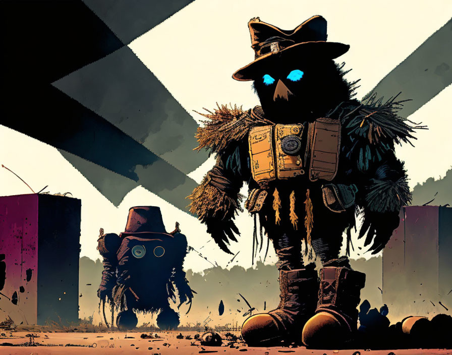 Stylized scarecrow figures with blue glowing eyes in desolate setting