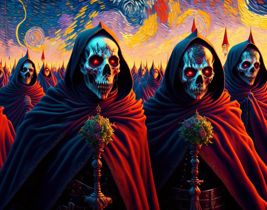 Group of robed figures with glowing skull faces in vibrant, swirling sky