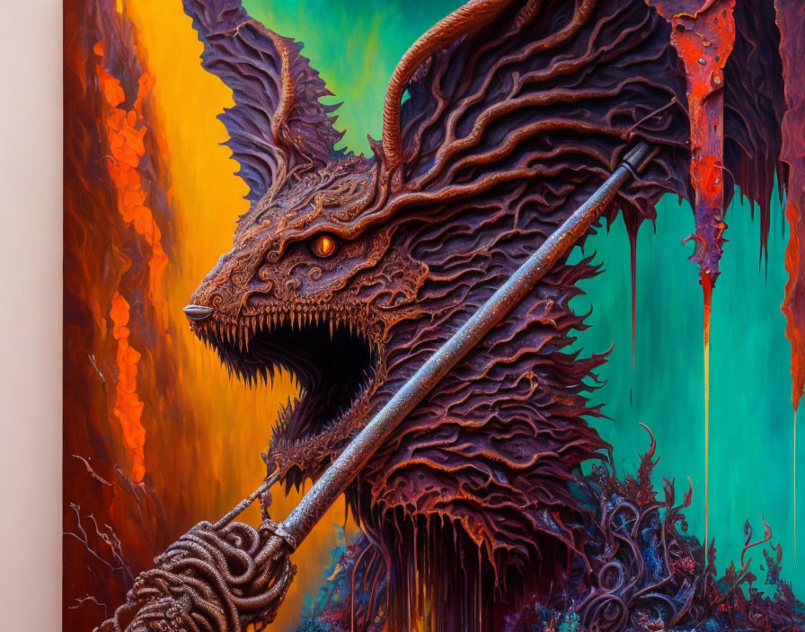 Detailed Dragon Painting with Staff in Fiery Orange and Cool Green Palette