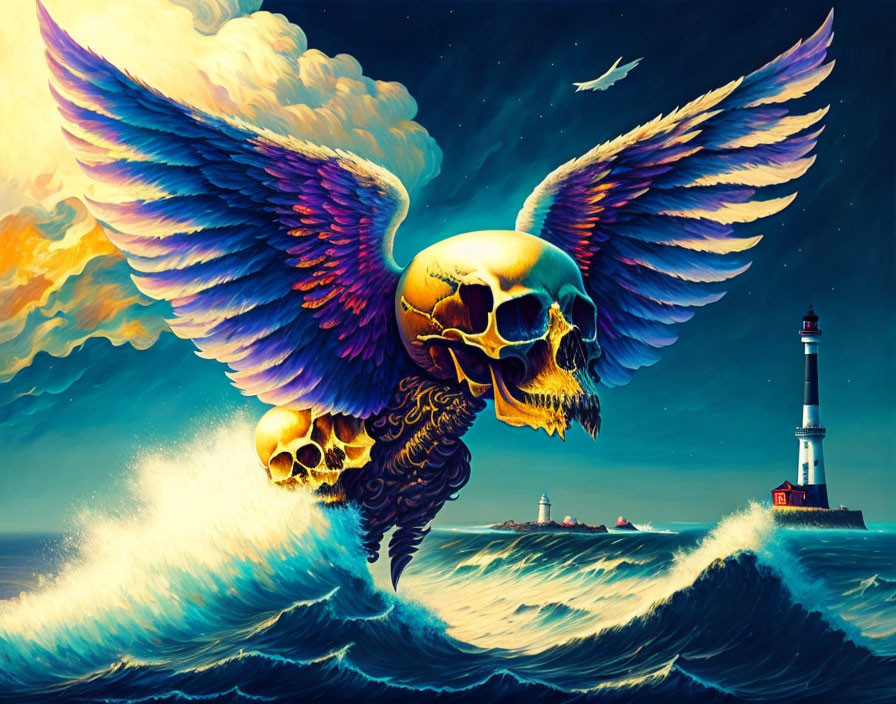 Fantastical winged skull over ocean waves by lighthouse
