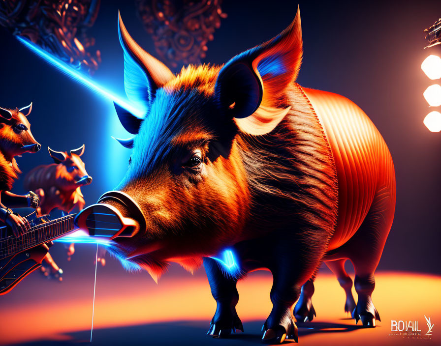 Anthropomorphic pig playing guitar in vibrant digital art