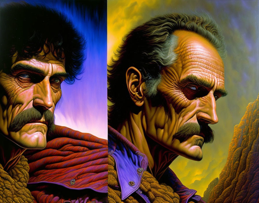 Dual portraits of a man with a mustache, one facing left with dark features, the other facing