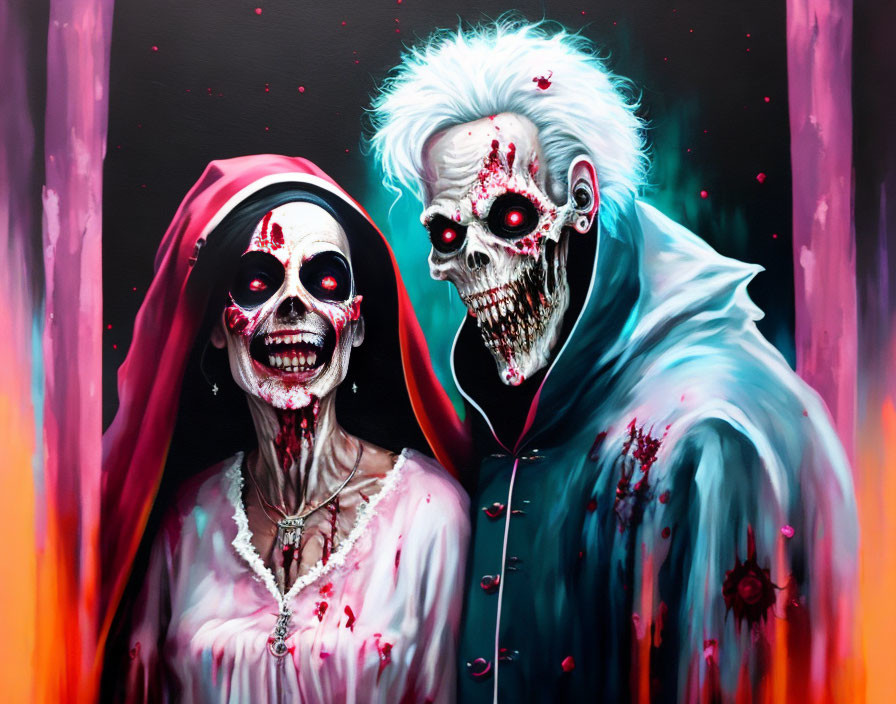 Skull-faced figures in tattered clothes against vibrant background