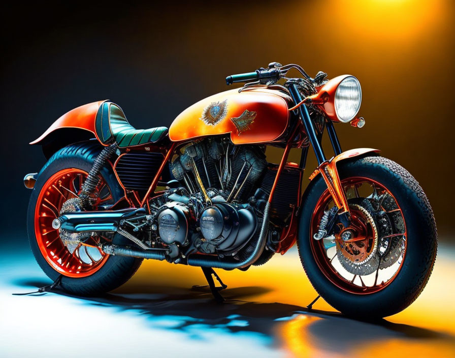 Classic Custom Motorcycle: Orange Paint, Leather Seat, Chrome Details, Blue & Yellow Backlighting