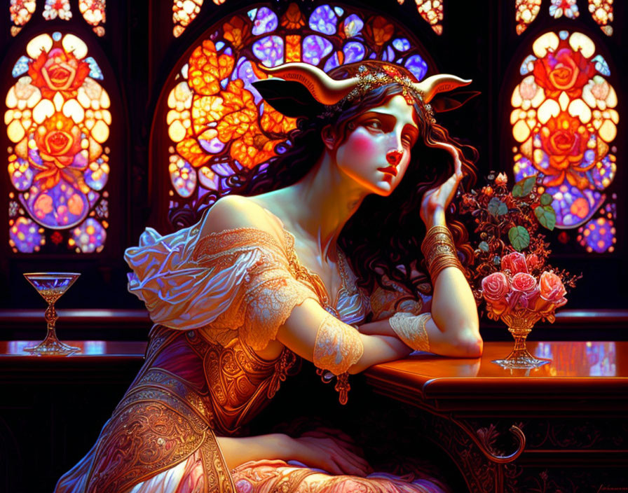 Woman in medieval gown with horns sitting at table by stained glass windows