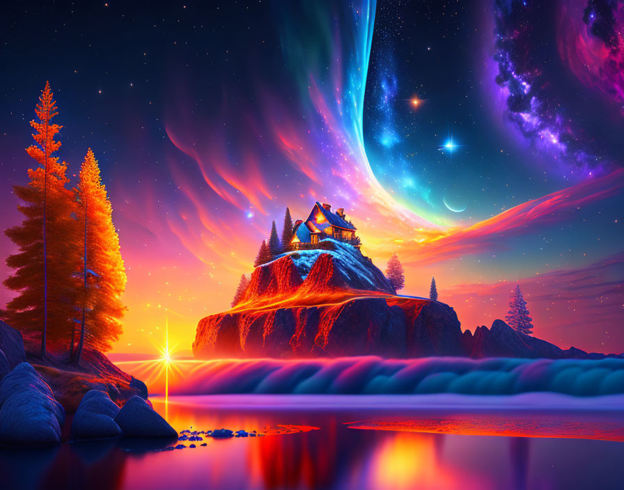 Fantastical landscape with vibrant sunset, aurora-lit sky, house on mountain, trees,