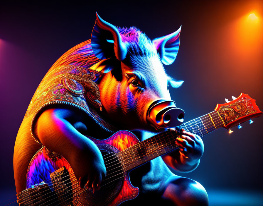 Colorful anthropomorphic pig playing guitar in digital art.