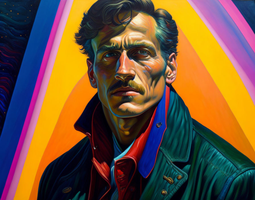 Colorful portrait of a man with prominent cheekbones and stern gaze on diagonal stripe backdrop