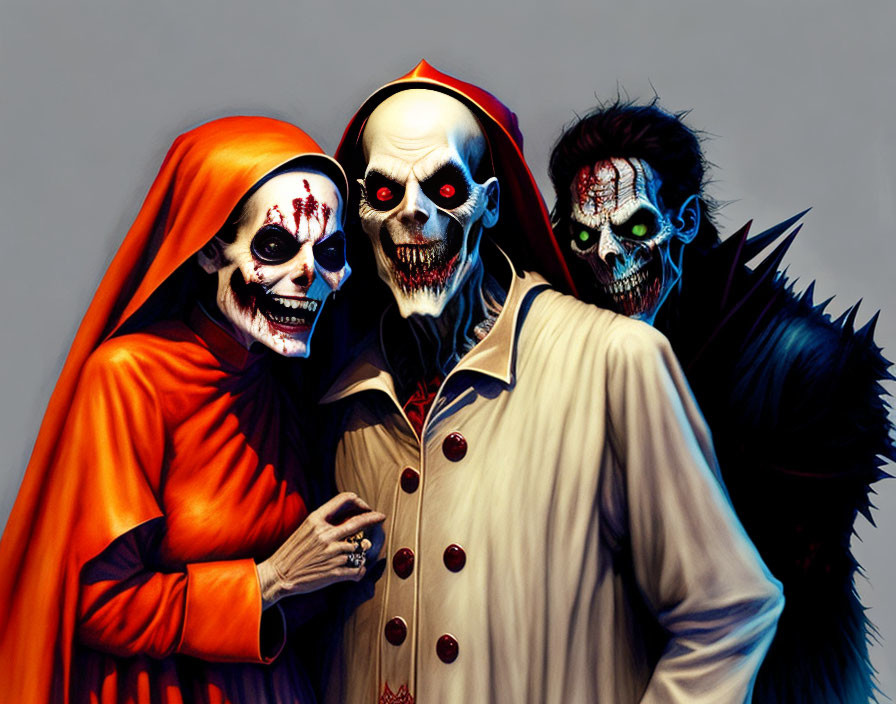 Three individuals in Halloween costumes with skull makeup showcasing diverse themed outfits and spooky accessories