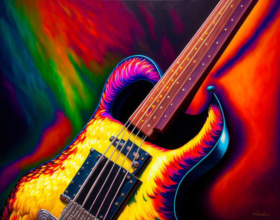 Colorful Electric Guitar Painting with Swirling Patterns on Multicolored Background