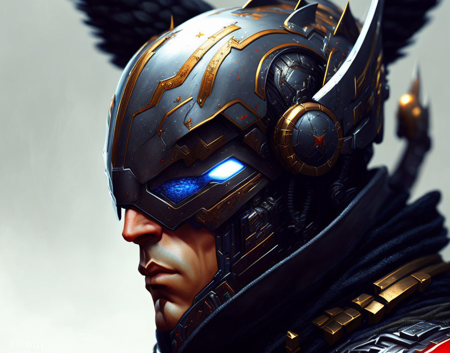 Detailed futuristic warrior illustration with high-tech helmet and glowing blue eyes.